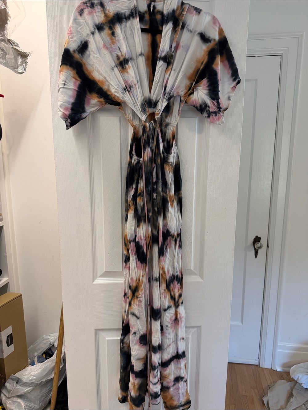 Tie-Dye V-Neck Maxi Dress with Waist Tie - White Black Pink